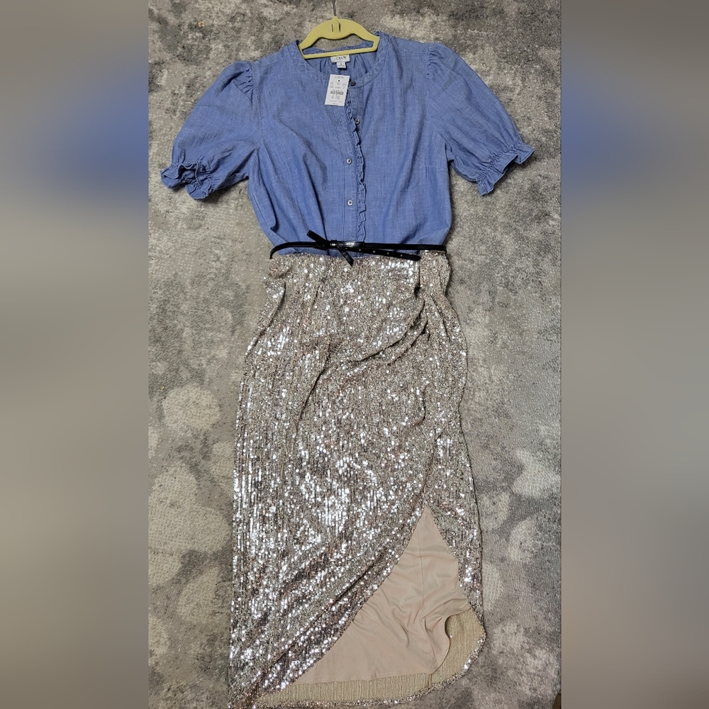 Express Silver Sequin Midi Slit Skirt